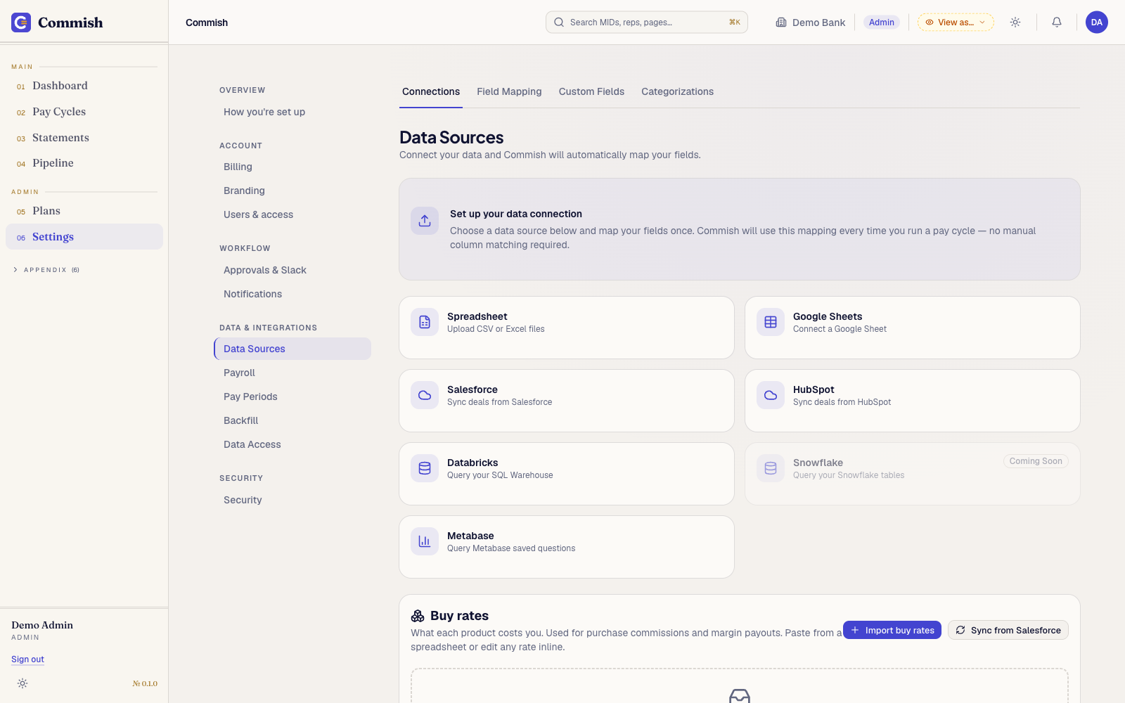 The Data Sources screen: spreadsheet upload, Google Sheets, Salesforce, HubSpot, and warehouse connections with automatic field mapping