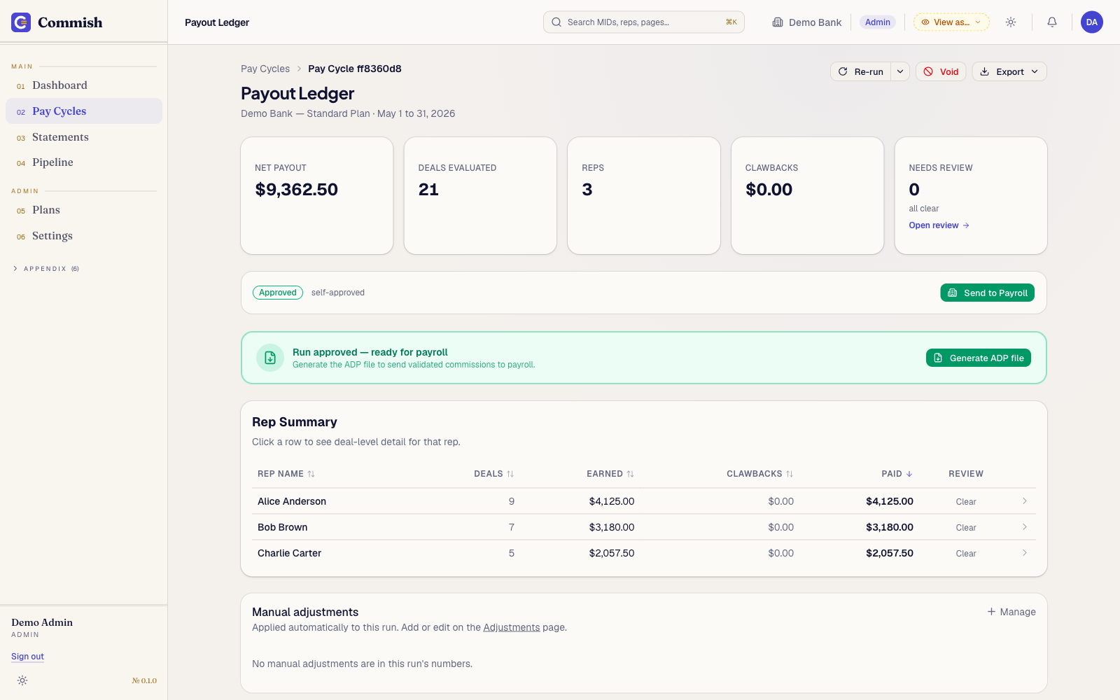 An approved pay cycle in the payout ledger, ready to send to payroll